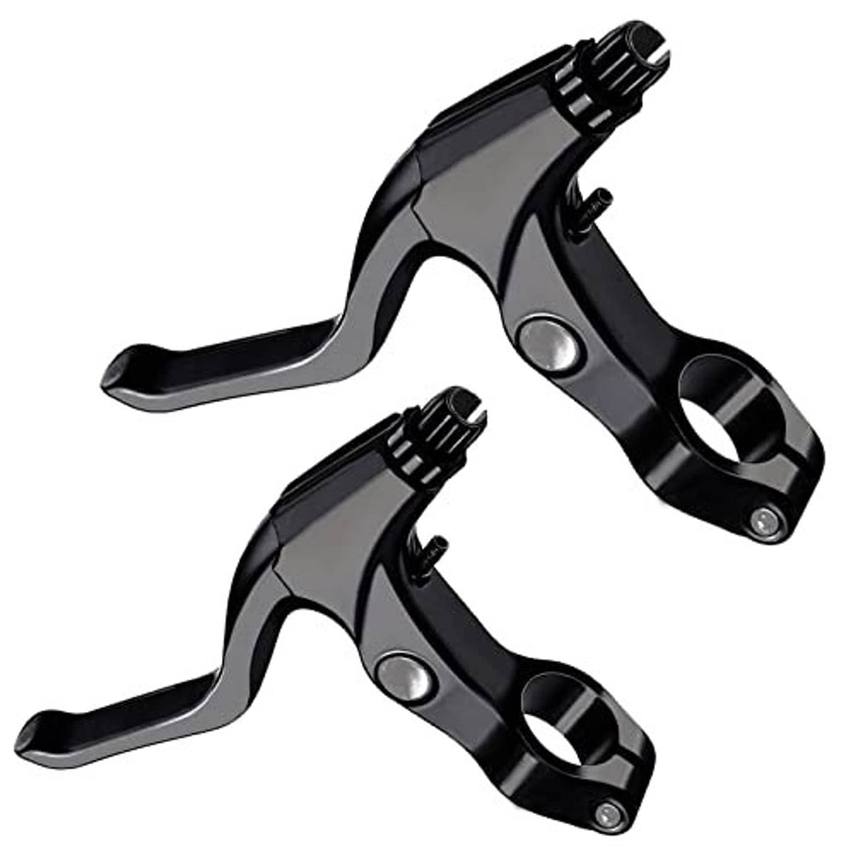 Pair of black bicycle brake levers with silver mounting hardware and curved hand grips