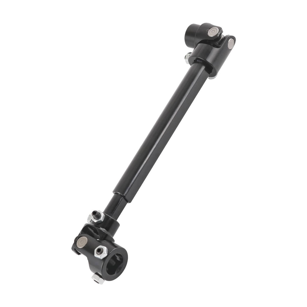 Black steering shaft with U-joints and mounting yokes, angled front view