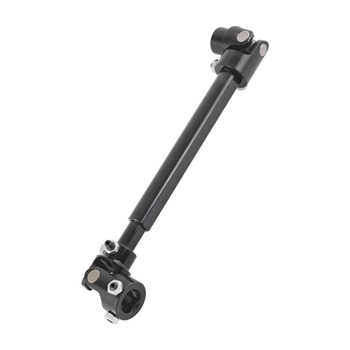 Black steering shaft with U-joints and mounting yokes, angled front view