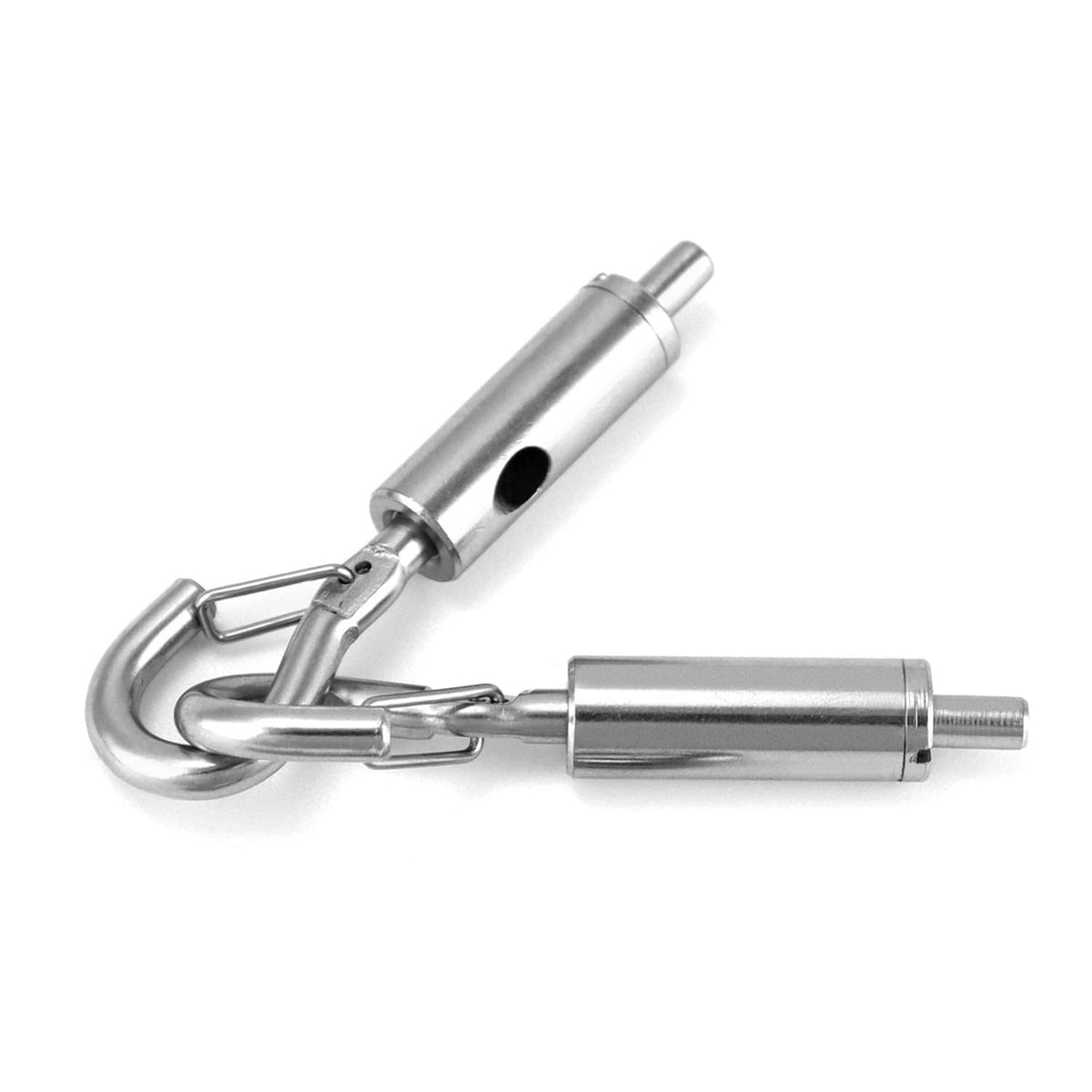 Steel hook-and-eye turnbuckle hanger, single unit with curved eye and threaded rod end.