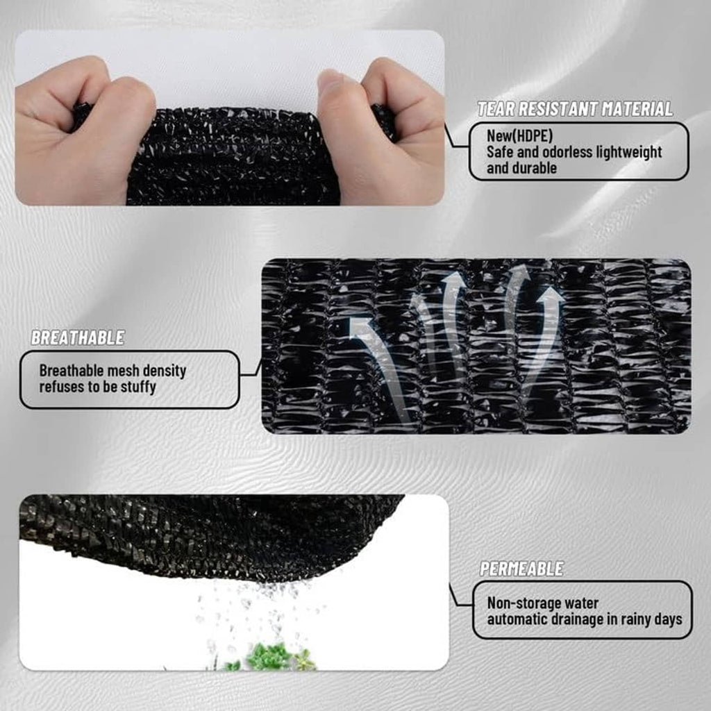 Black mesh shade tarp fabric held in hands, breathable woven texture