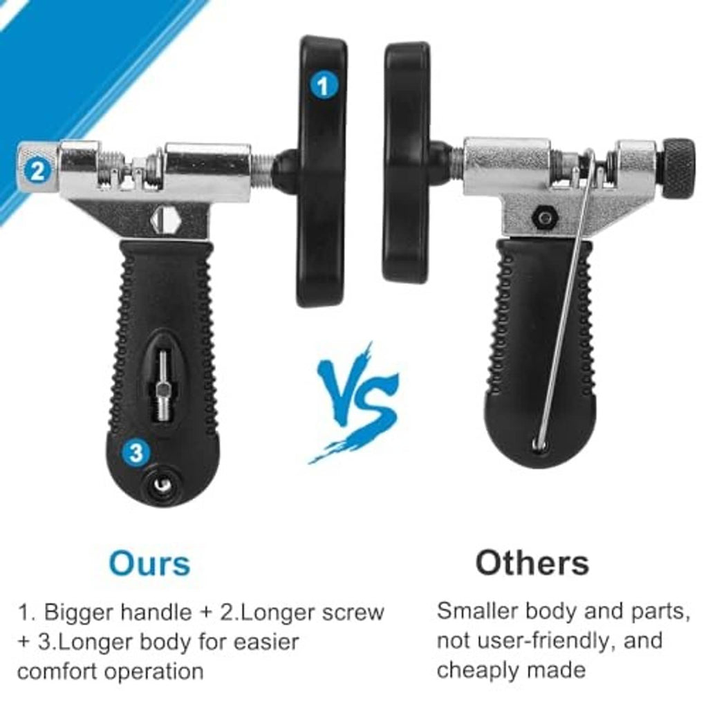 Bike chain breaker tool with long screw shaft, roller head, and black spring lever handles