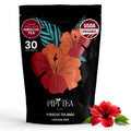 Organic hibiscus tea bag pouch, dark black pack with hibiscus floral graphics
