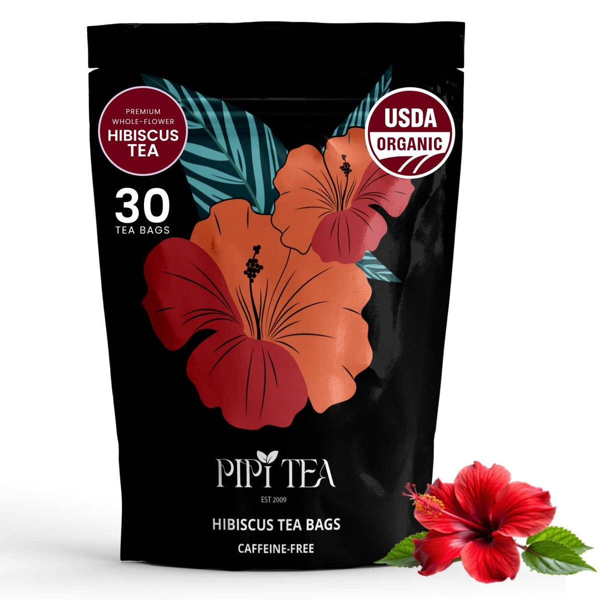 Organic hibiscus tea bag pouch, dark black pack with hibiscus floral graphics