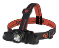 Streamlight black headlamp with orange logo strap and front spotlight lens