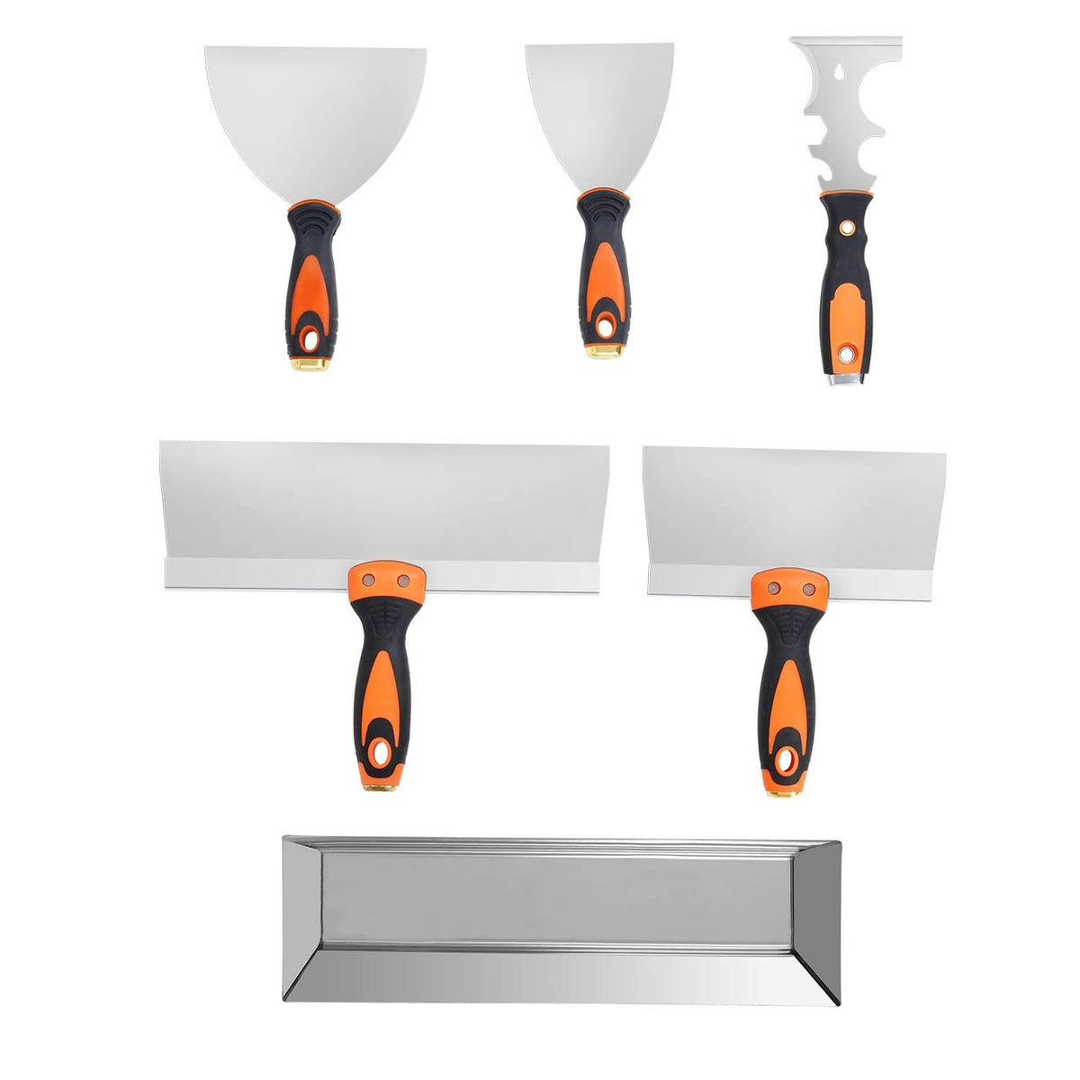 Paint putty knives set: flat steel blades with orange-and-black ergonomic handles