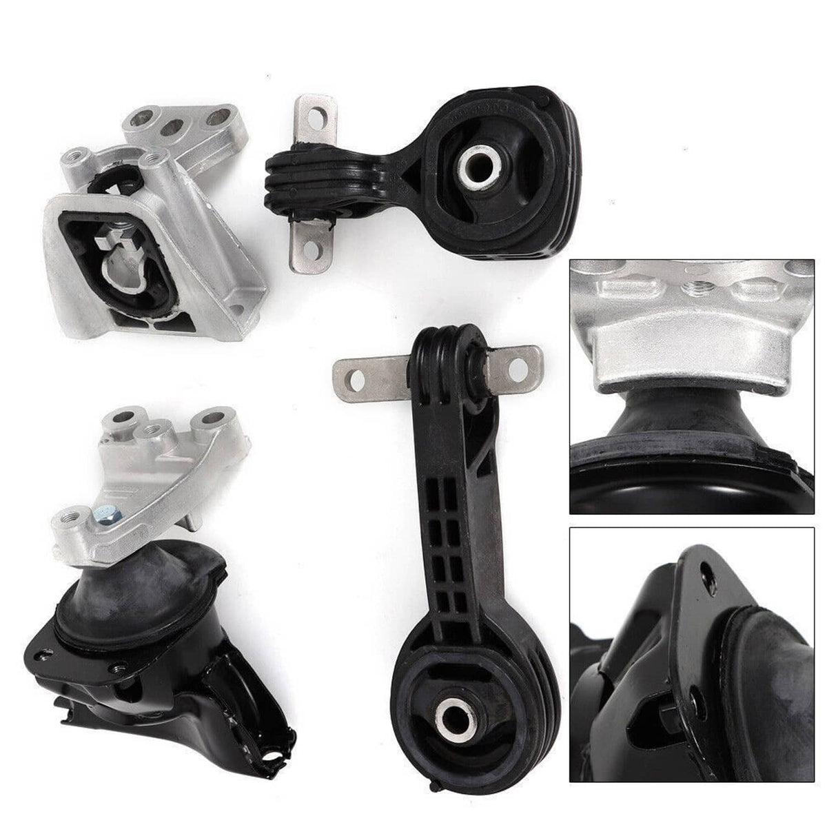Engine and transmission mount set with black and silver mounts and rubber bushings