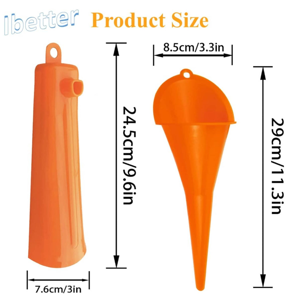 Orange oil fill funnel and tall oil drain funnel shown with size dimensions