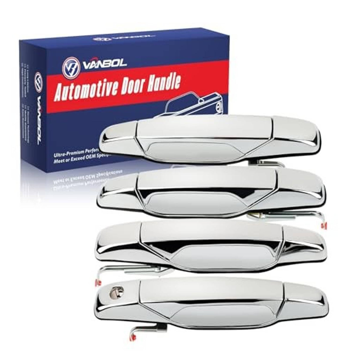Chrome exterior door handle set, four piece, glossy silver lever handles in front view