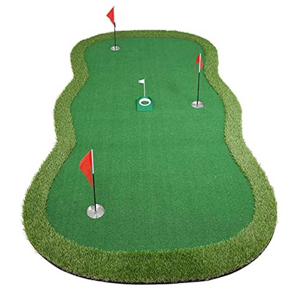 Large green putting green practice mat with five pin flags and a cup insert