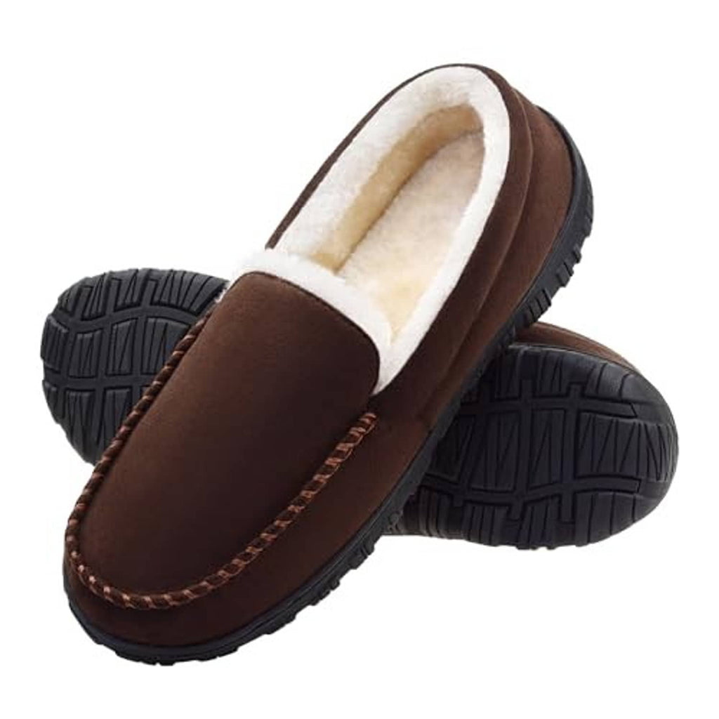 Brown moccasin-style slippers with cream plush collar and grippy rubber sole