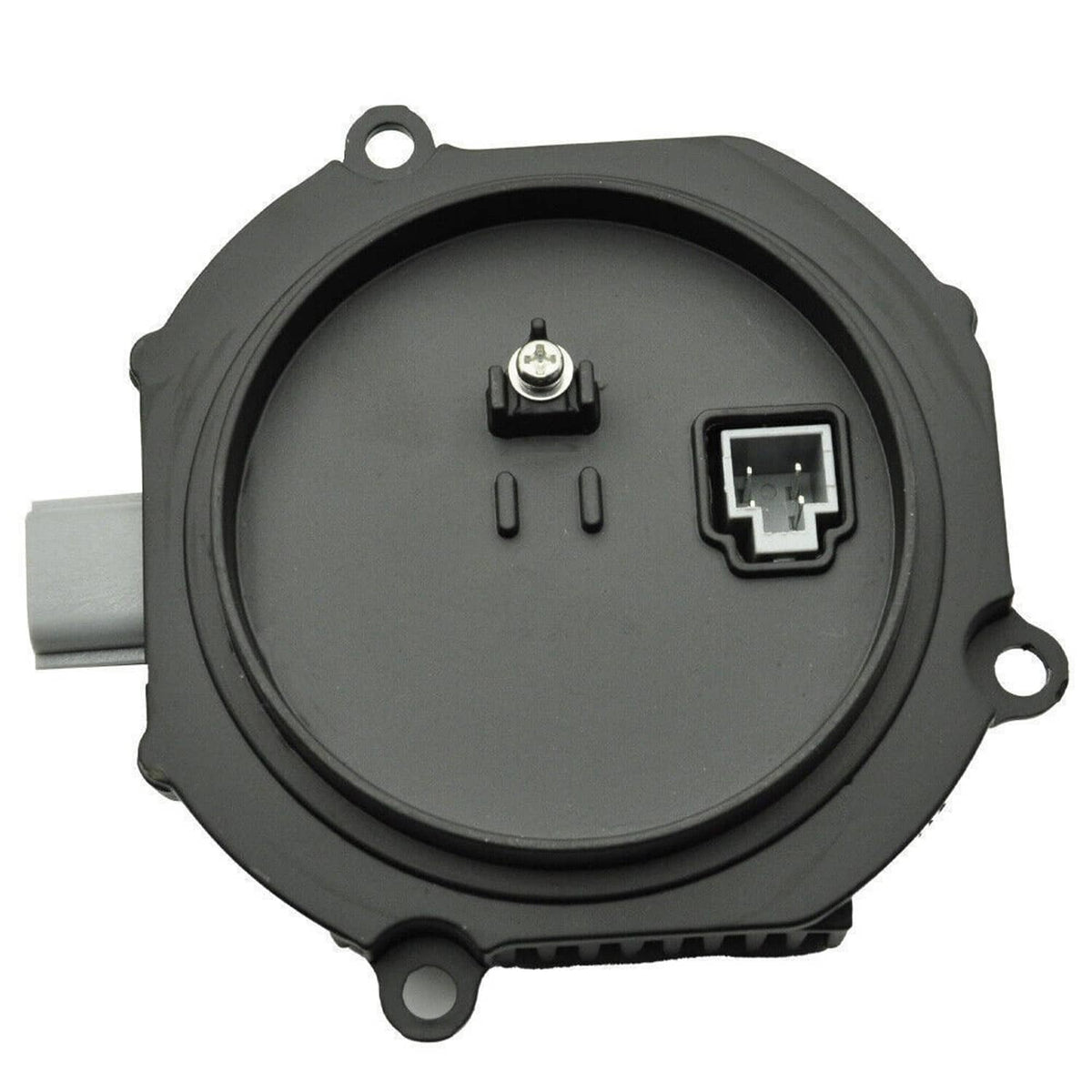Black HID ballast igniter module with side connector port and mounting tabs