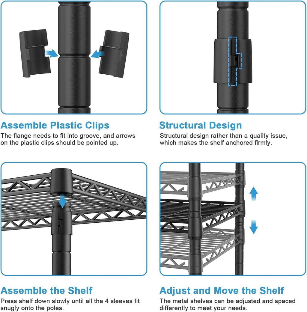 Black shelf connector clips and metal shelf hardware for assembling and stabilizing poles.