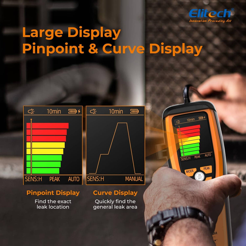 Handheld leak detector held in hand, LCD bar graph display with mode buttons