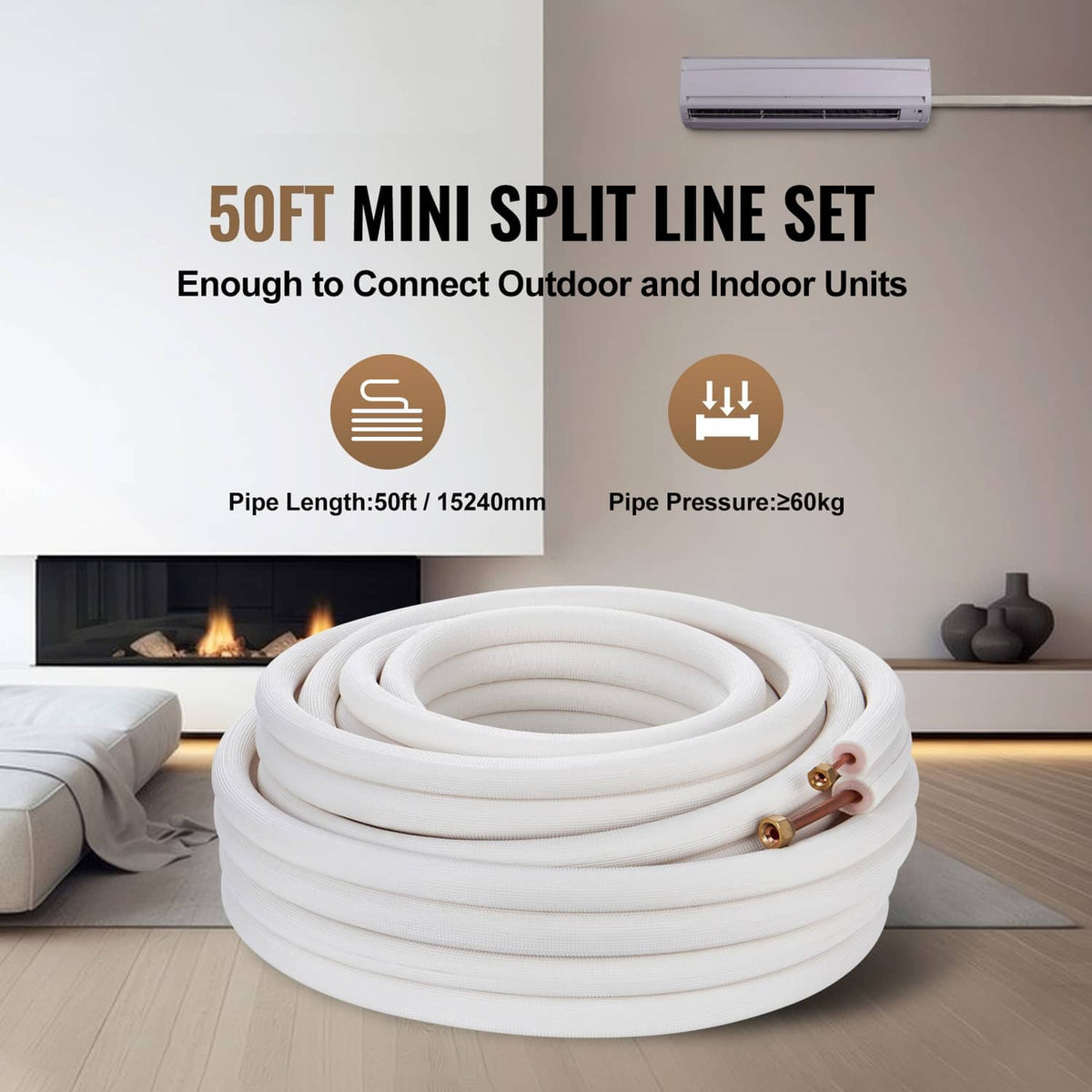50 ft mini-split line set coil with white insulated tubing and copper connection fittings