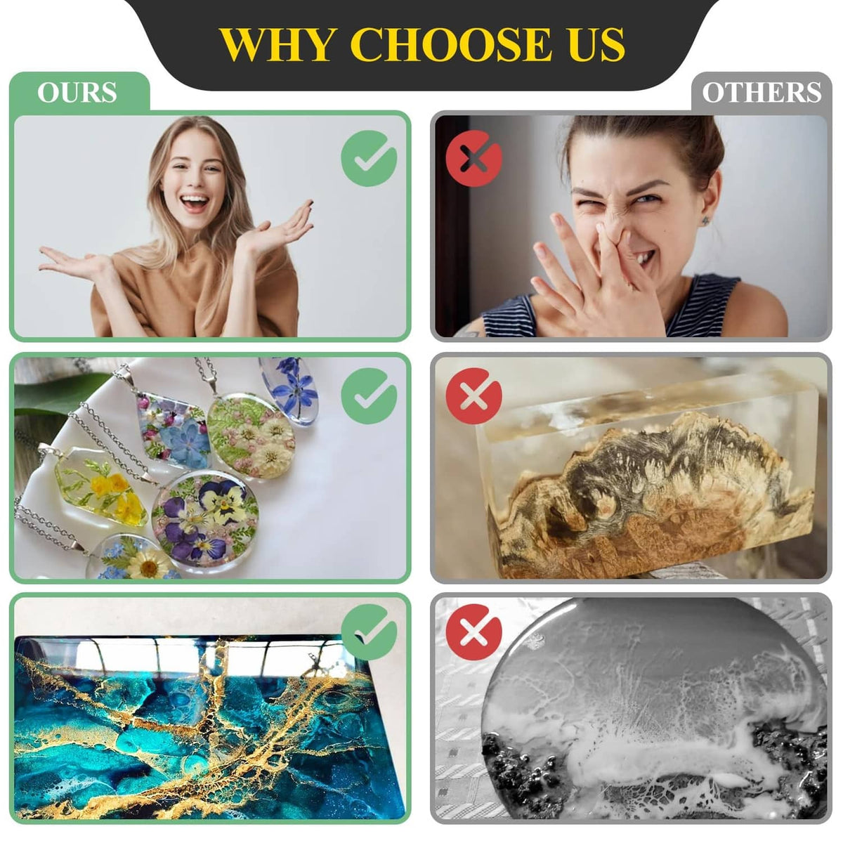 Epoxy resin kit benefits comparison graphic with low-odor and fast-curing icons