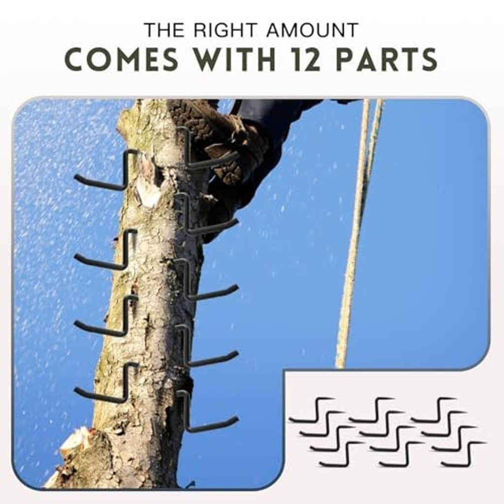 Black screw-in climbing steps mounted on a tree trunk with a set of 12 parts