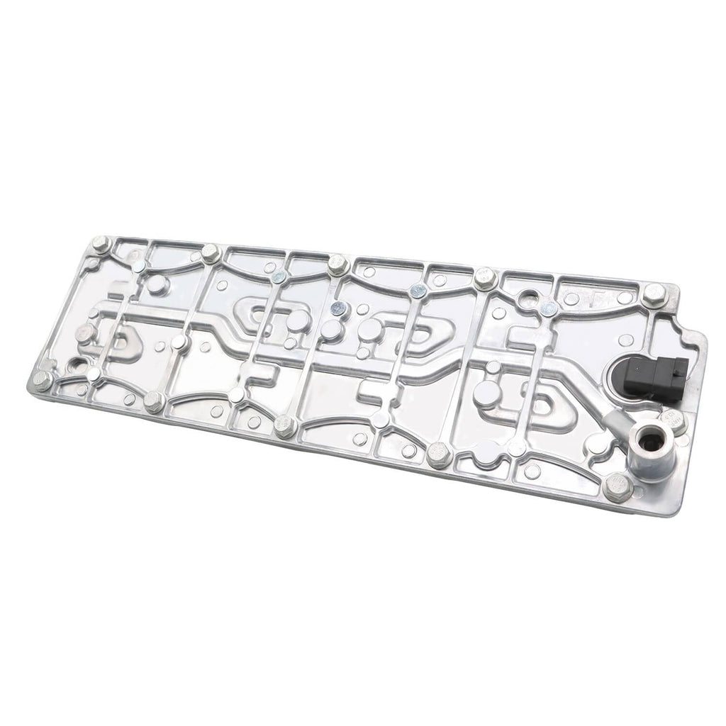 Silver metal cover plate with cutouts, holes, and mounting openings
