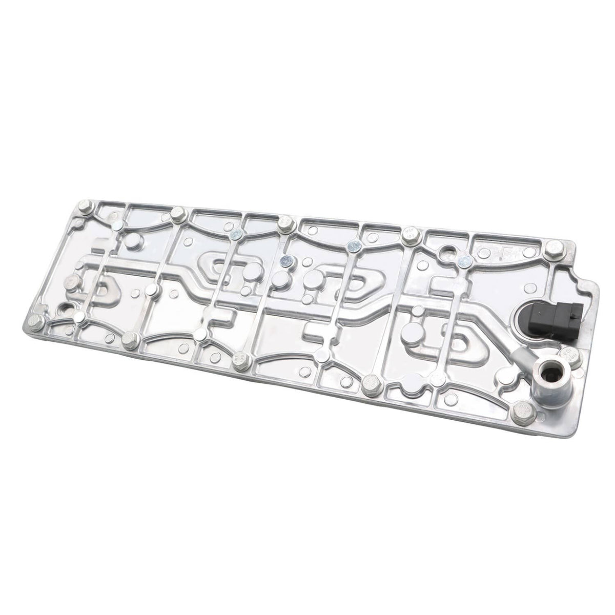 Silver metal cover plate with cutouts, holes, and mounting openings
