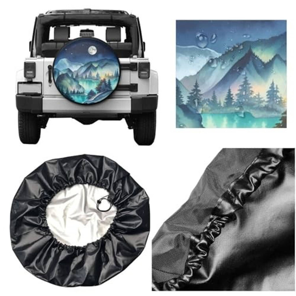 Spare tire cover matching fabric set with mountain night print and black drawstring bag