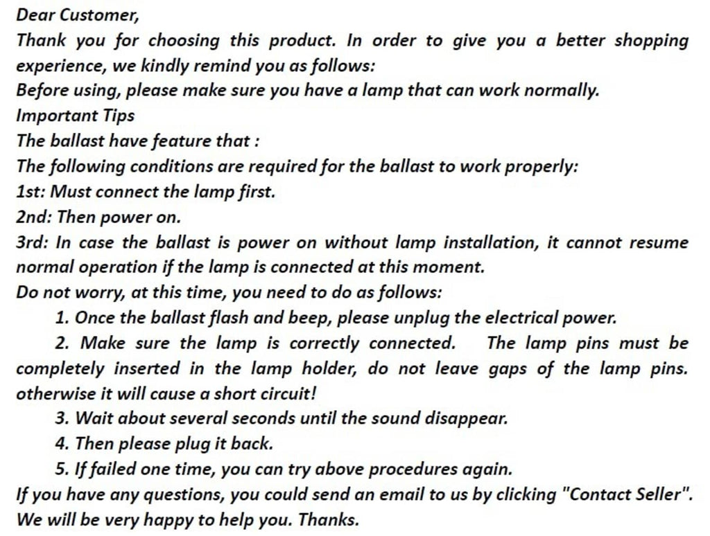 Printed instruction sheet for electrical ballast setup and safety steps