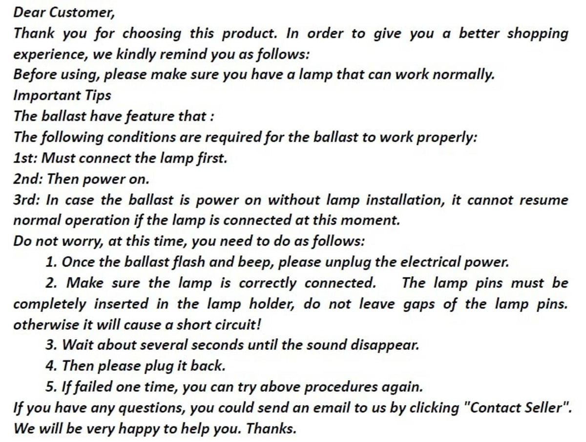 Printed instruction sheet for electrical ballast setup and safety steps