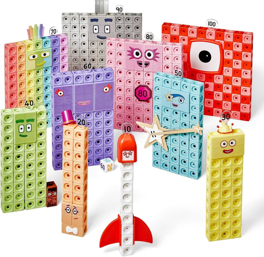 Numberblocks heroes cube towers set with red, blue, purple, green and yellow stacks