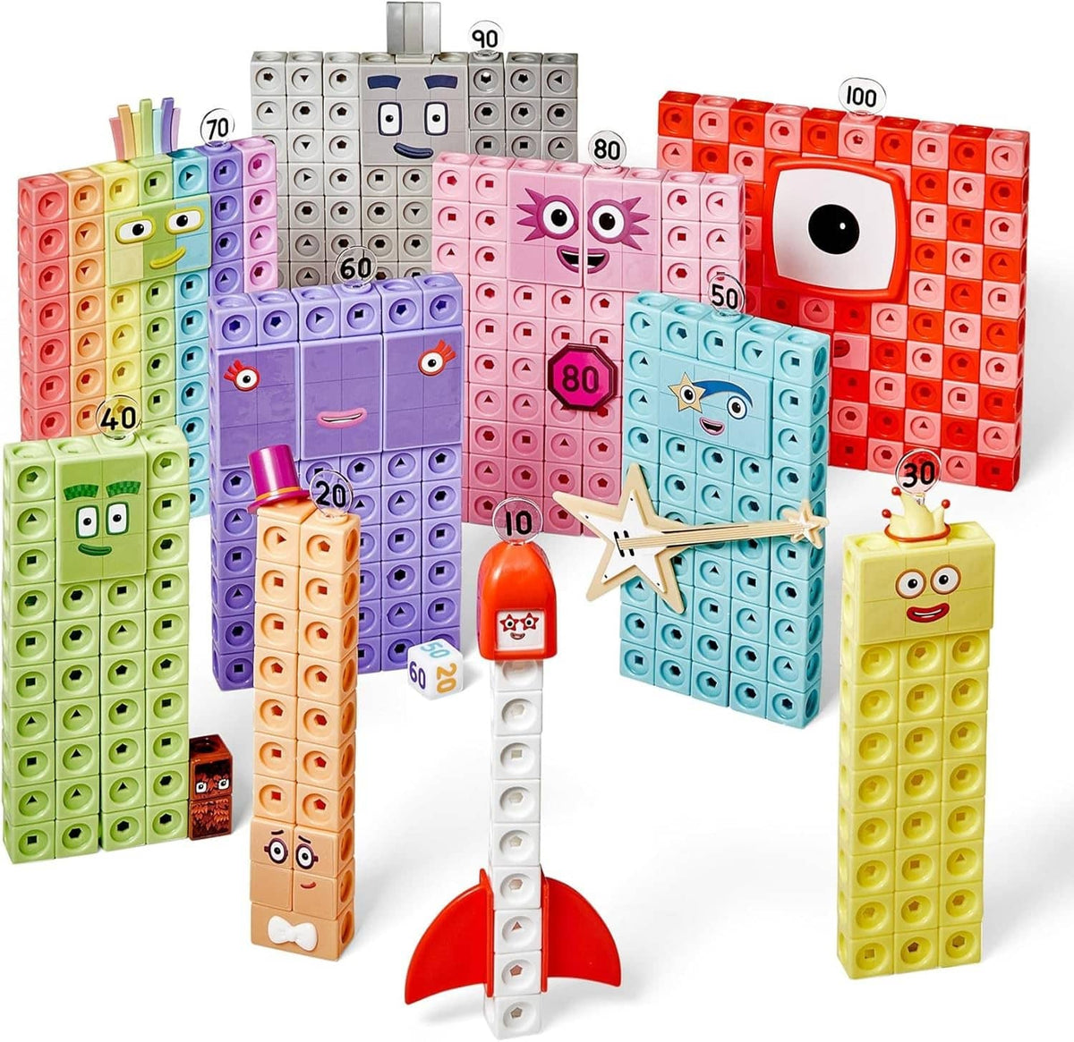 Numberblocks heroes cube towers set with red, blue, purple, green and yellow stacks