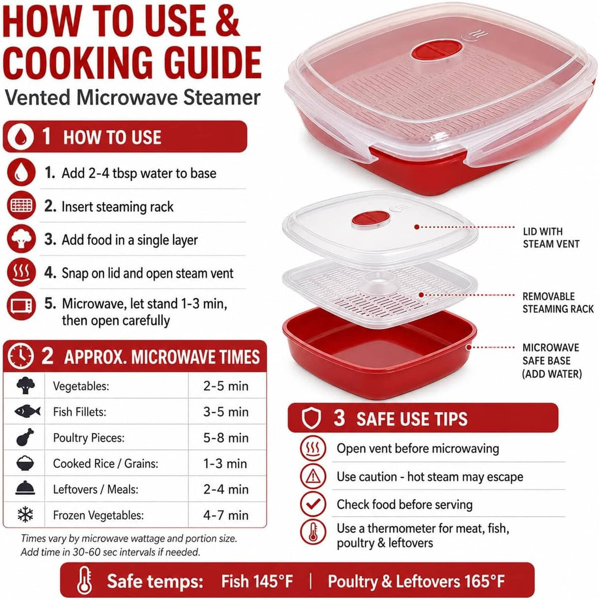 Vented microwave steamer with vented lid and removable steaming rack shown for use