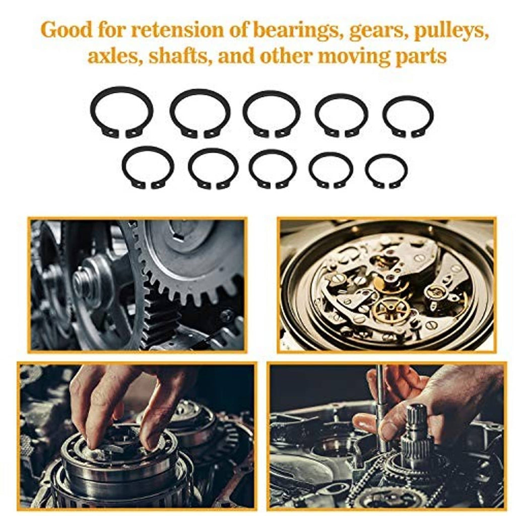 Black snap rings suited for retaining bearings, gears, pulleys and moving parts
