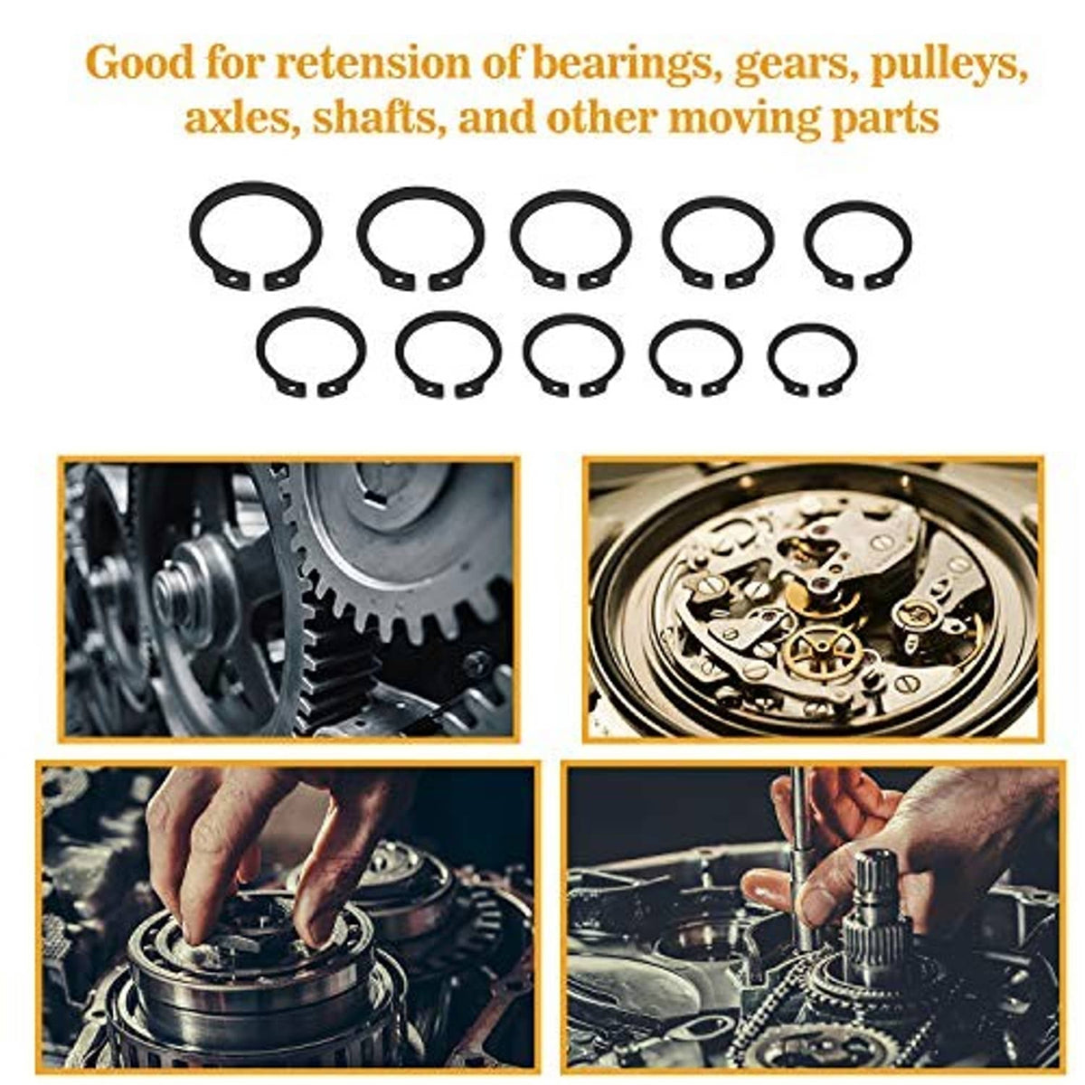 Black snap rings suited for retaining bearings, gears, pulleys and moving parts