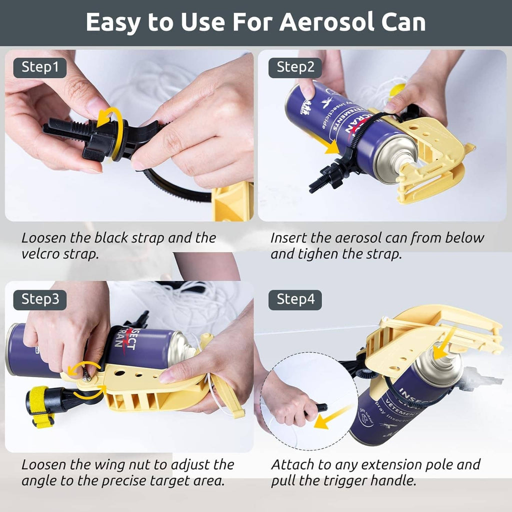 Yellow aerosol can sprayer adaptor with strap and trigger, shown being tightened