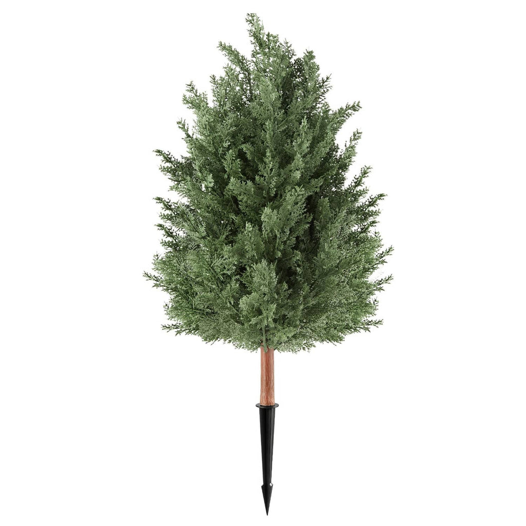 Artificial cedar topiary bush, green PE foliage, brown trunk with black stake