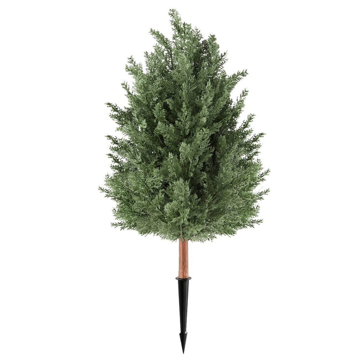 Artificial cedar topiary bush, green PE foliage, brown trunk with black stake