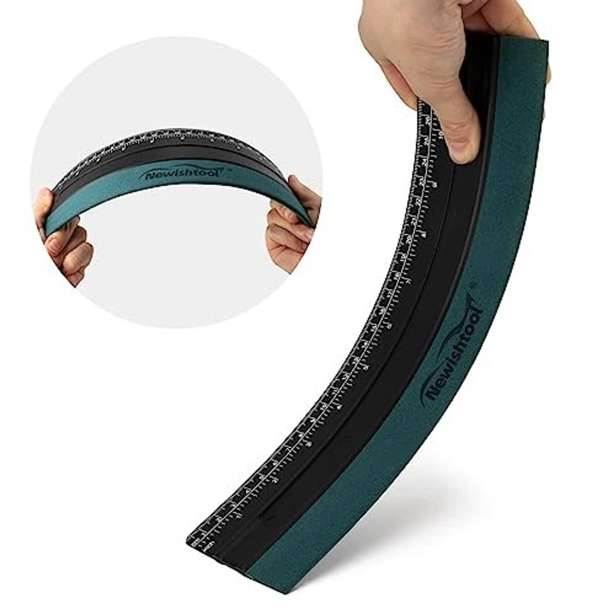 Hand holding a black felt squeegee with teal grip pad and ruler markings, Newishtool.