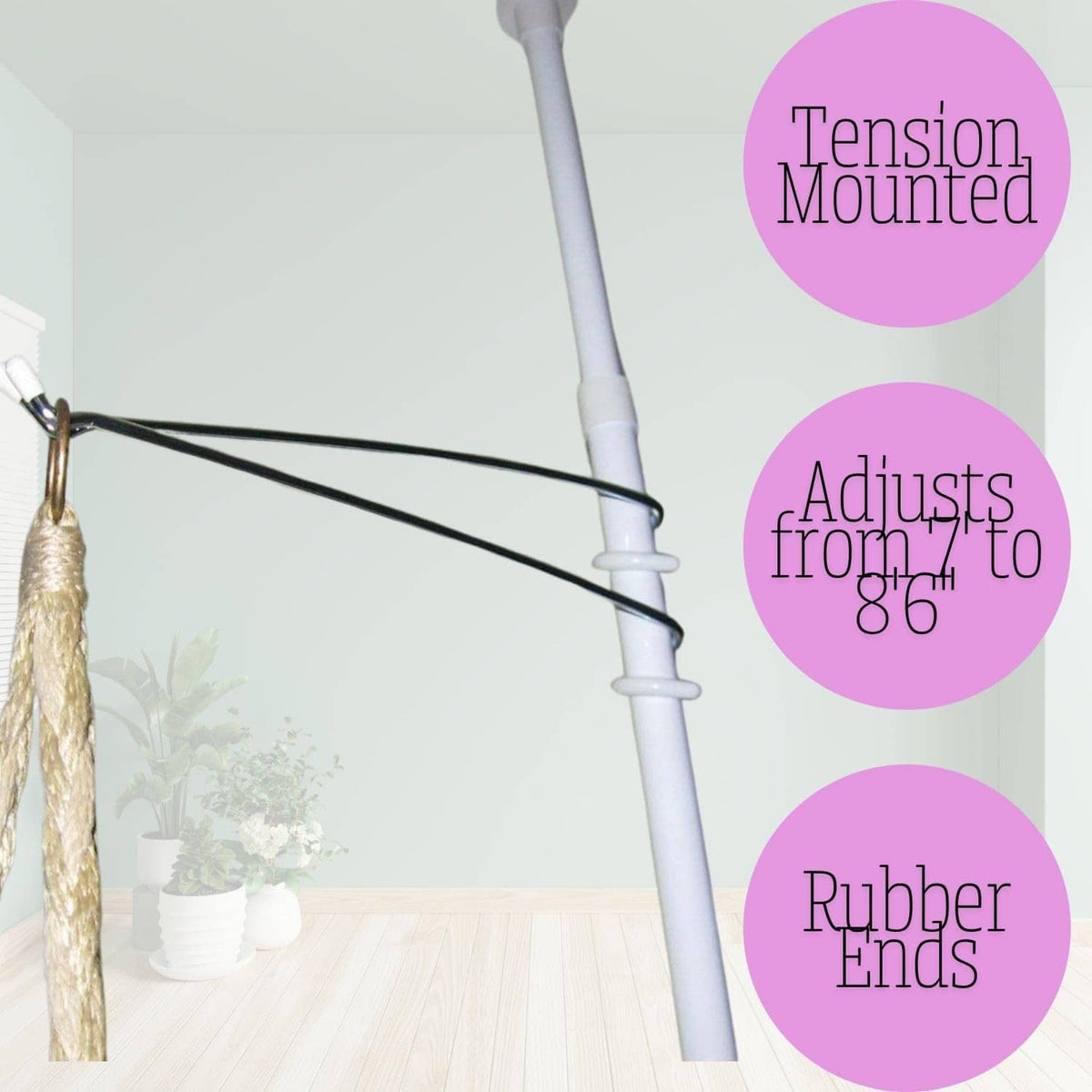 Tension-mounted plant pole spring rod with rubber end caps and adjustable arms