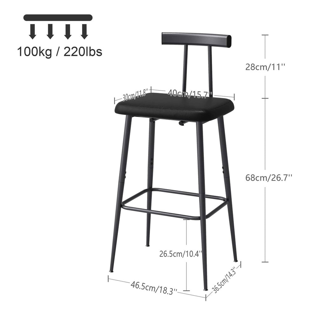 Black bar stool with padded seat, metal footrest, and backless frame