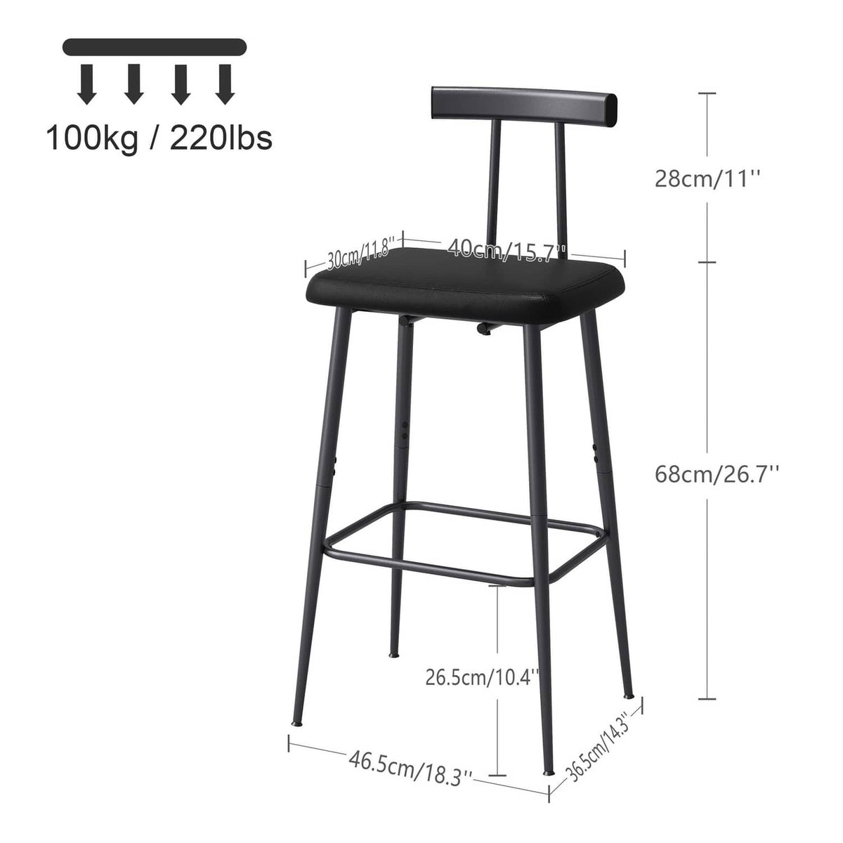 Black bar stool with padded seat, metal footrest, and backless frame