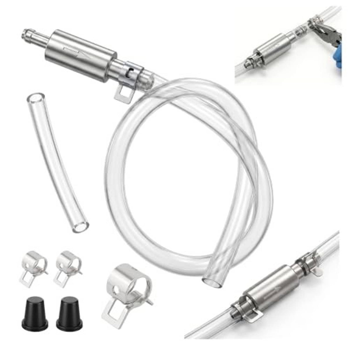 Brake bleeder hose kit with one-way check valve, clear tubing, metal clamp and fittings.