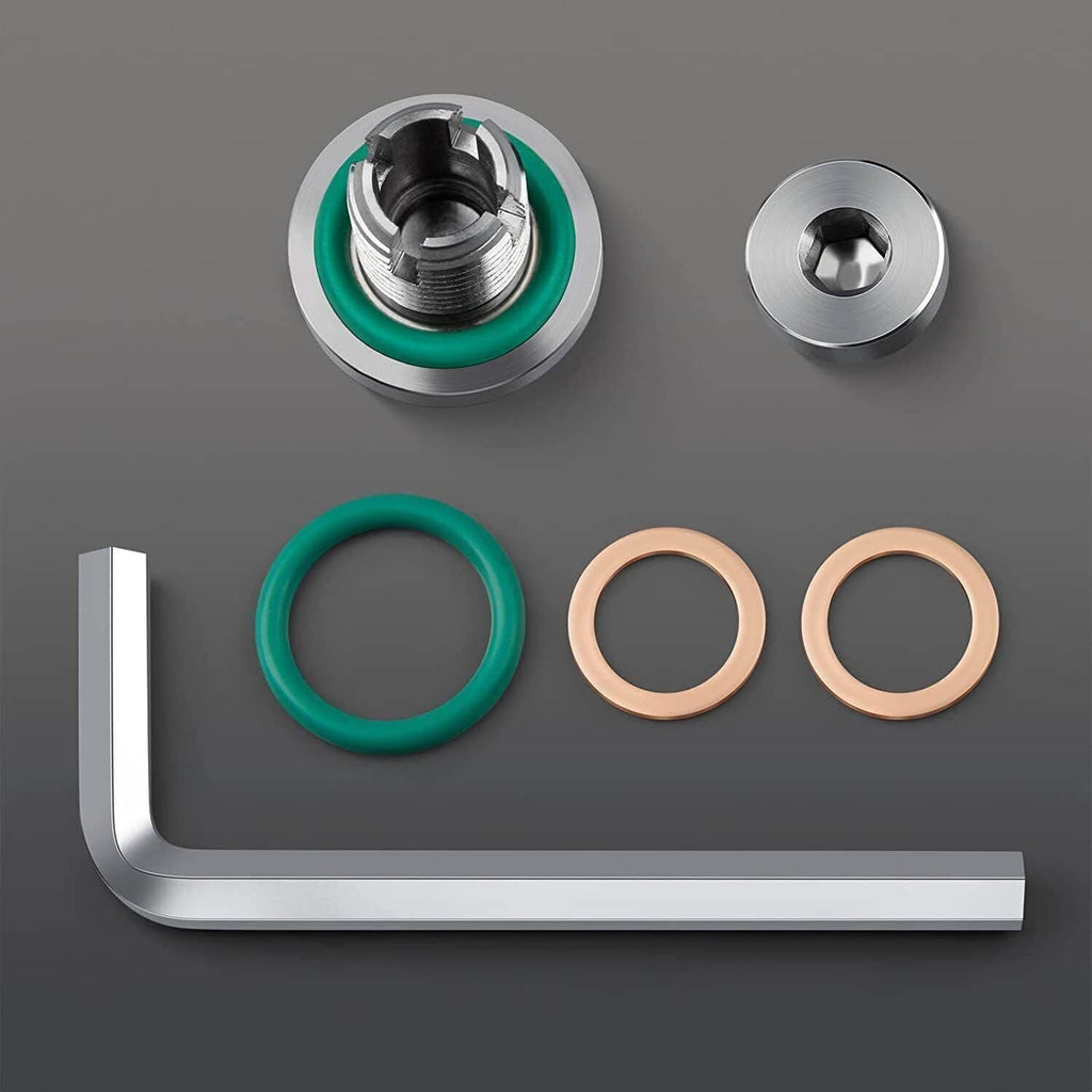Oil drain plug repair kit with L wrench, metal plug, and green/copper seal rings