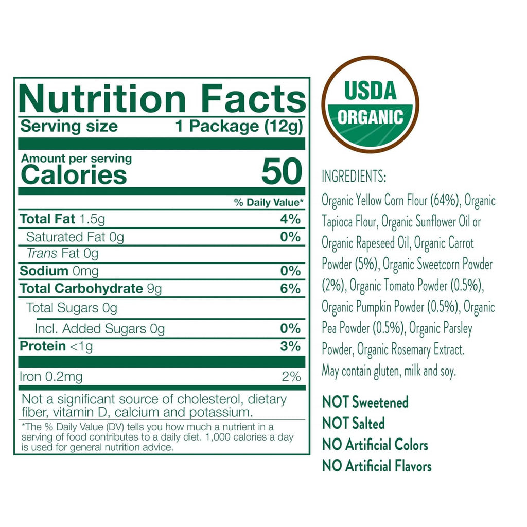 Nutrition Facts label for Little Bellies organic veggie tubes, 50 calories per serving