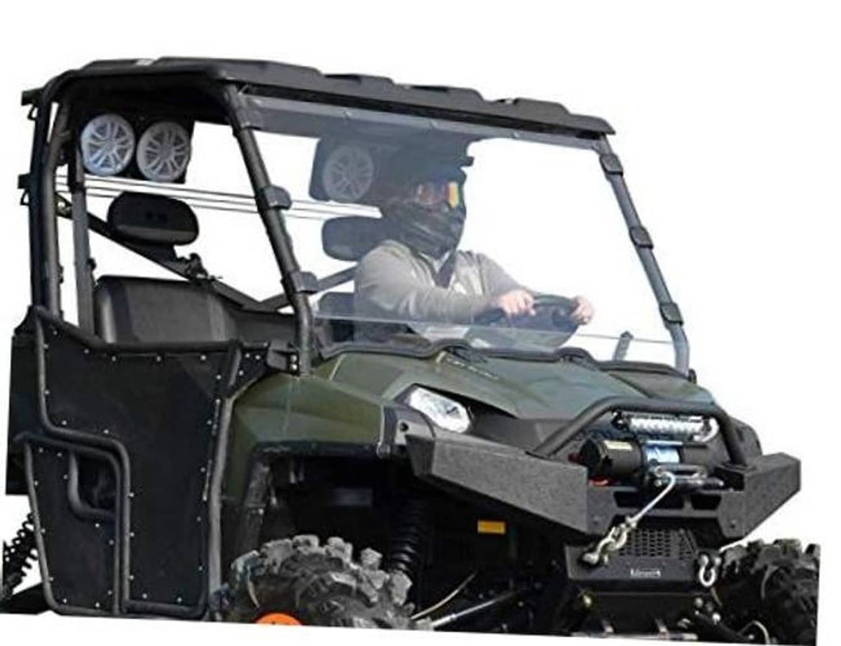 Clear full windshield panel for UTV with black frame and mounting brackets