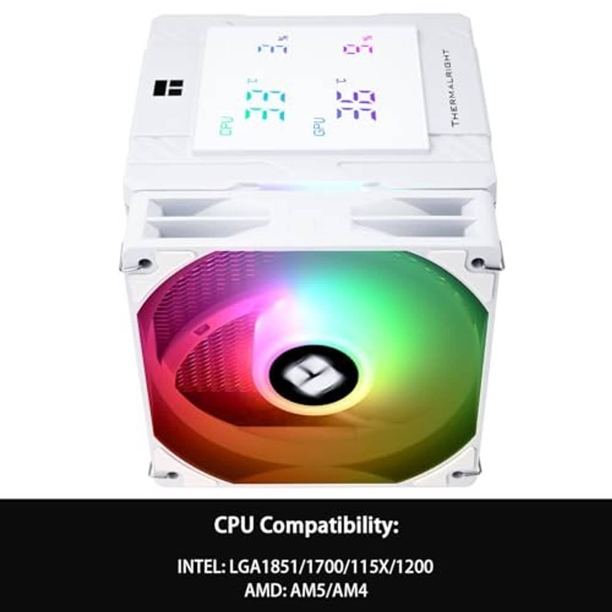 White CPU cooler with front ARGB fan ring and illuminated rainbow blades