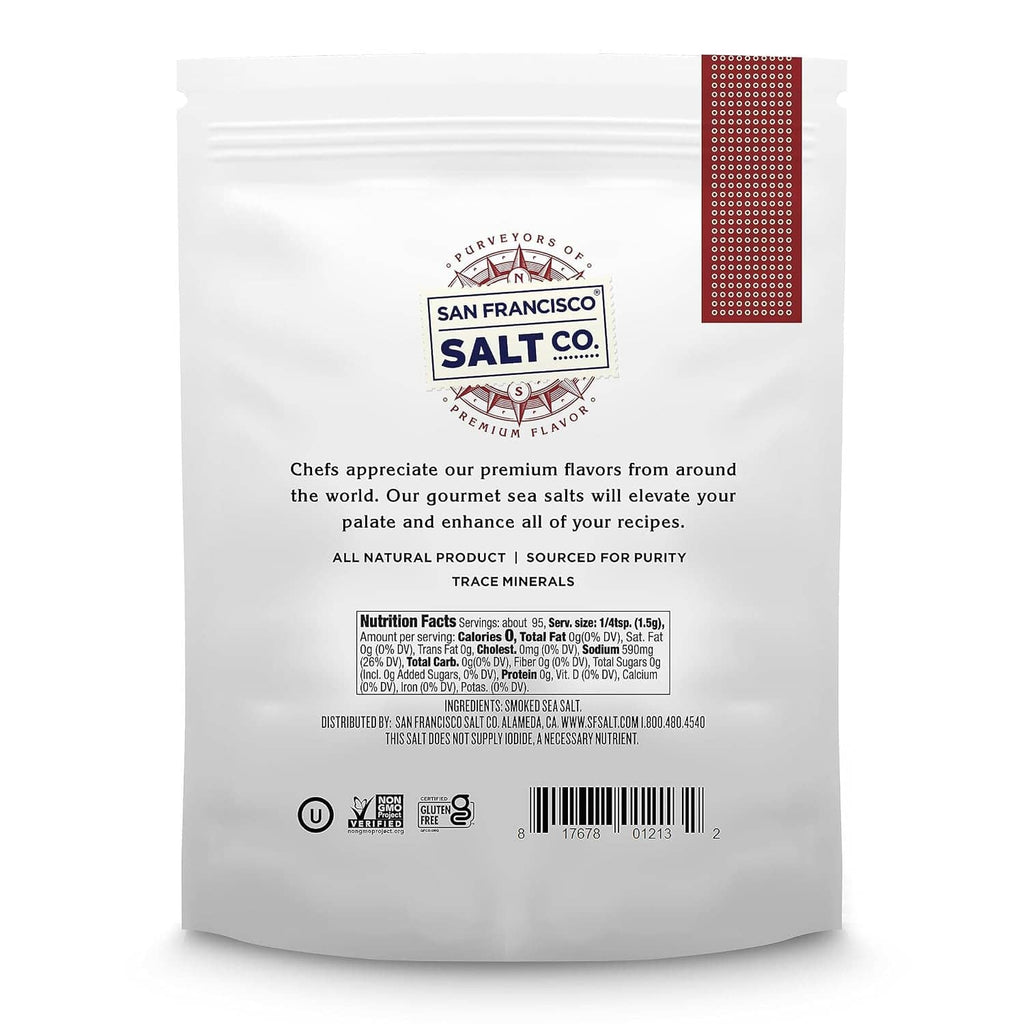 Back of San Francisco Salt Co. Cherrywood smoked sea salt pouch with label text