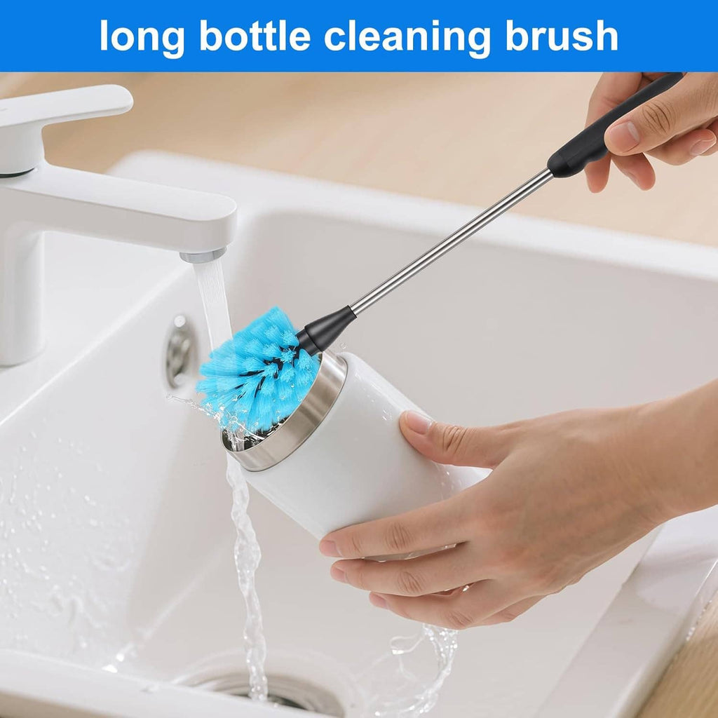 Bottle cleaning brush scrubbing inside a white sink drain basin with blue bristles