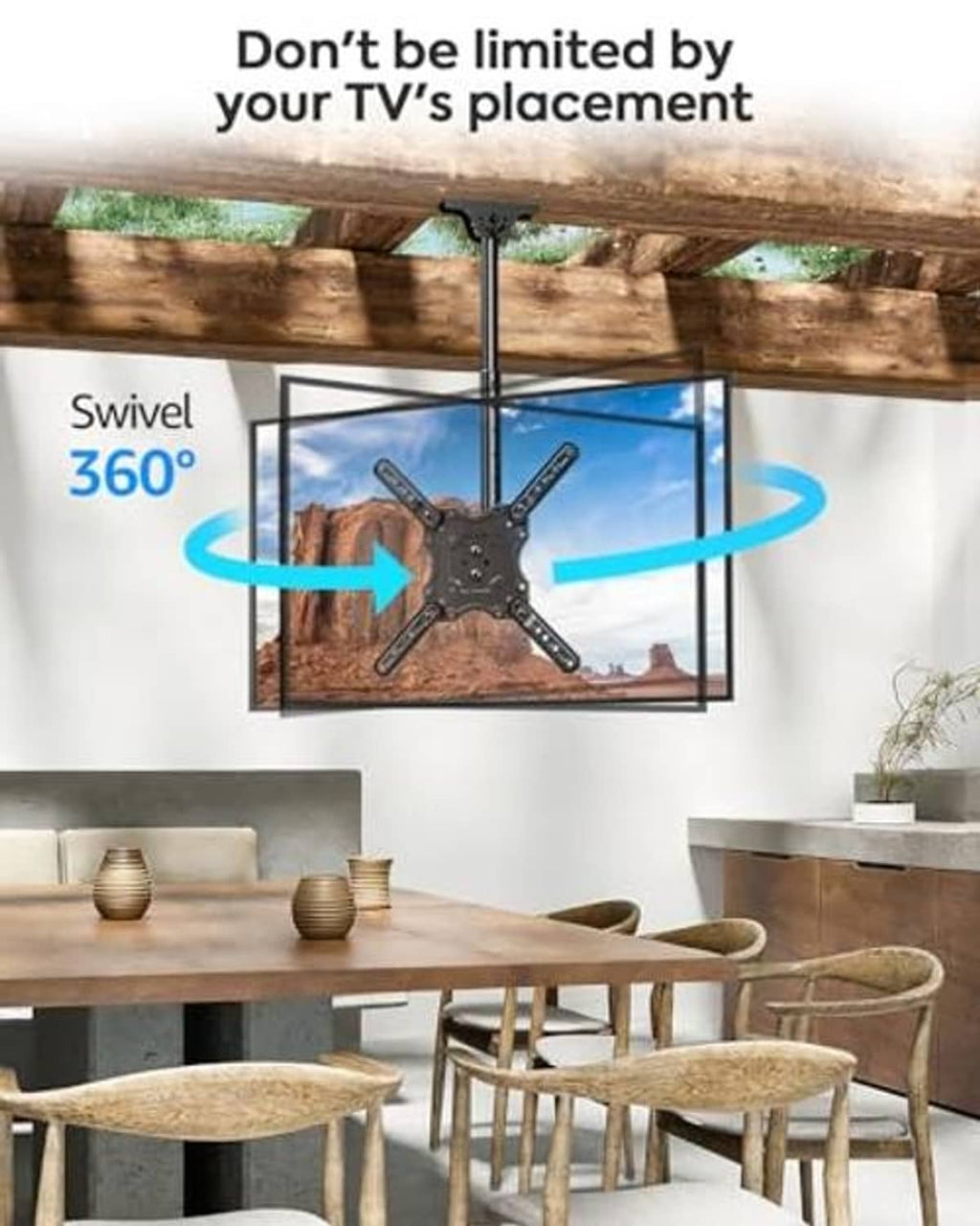 Black ceiling TV mount with swivel arms for flexible TV positioning