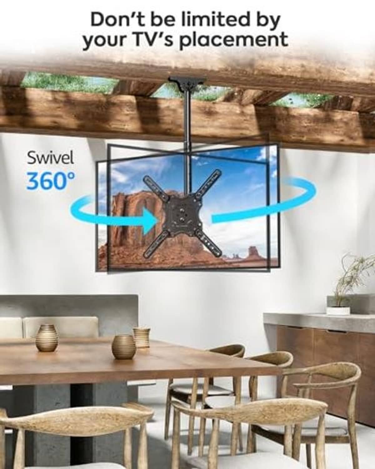 Black ceiling TV mount with swivel arms for flexible TV positioning