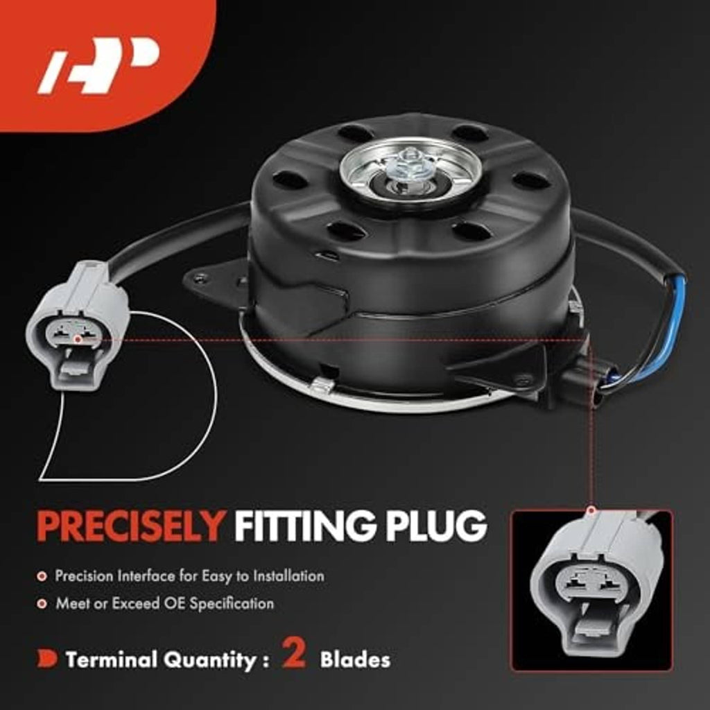 Radiator fan motor with white connector plug and circular mounting plate