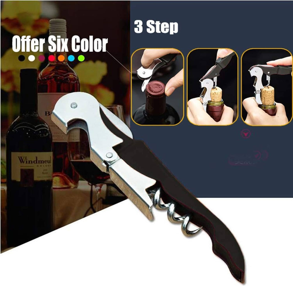 Wine corkscrew with cork puller, black grip and chrome metal frame