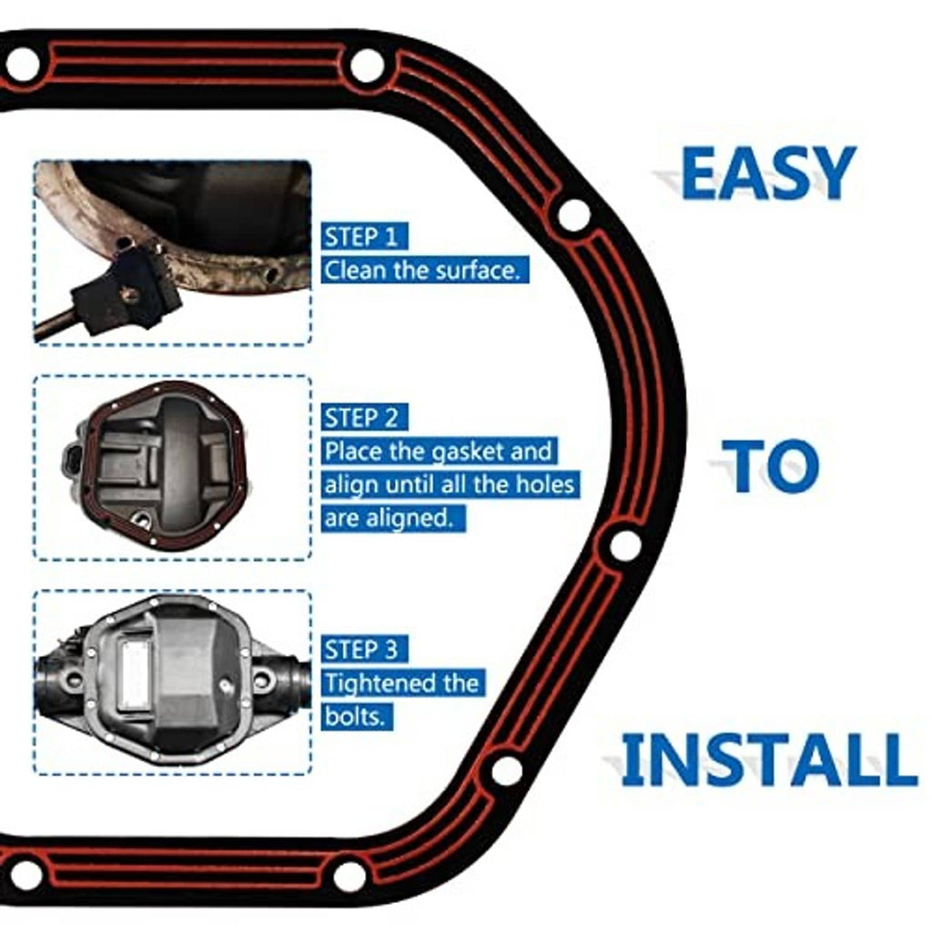 Differential cover gasket with bolt holes shown with step-by-step installation diagram